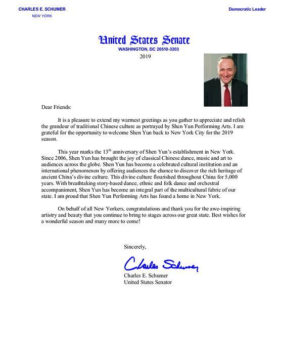 „Ponosan sam što je Shen Yun Performing Arts našao dom u New Yorku“, napisao je Chuck Schumer, vođa demokratskih senatora u američkom Senatu.