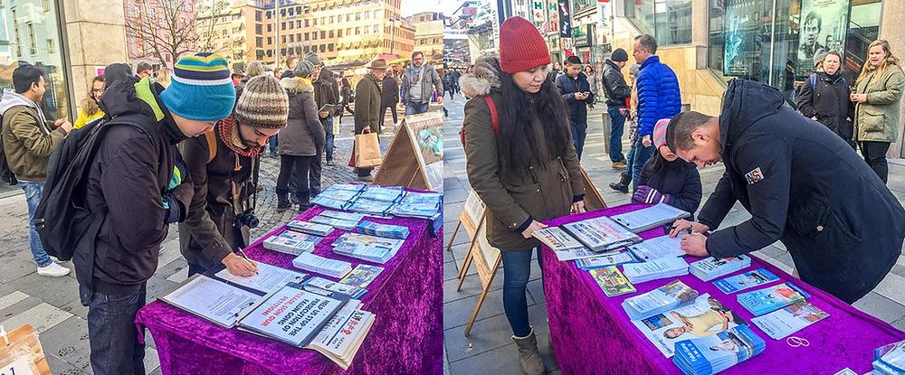 Mnogi prolaznici potpisuju peticiju i tako pokazuju svoju podršku miroljubivom otporu praktikanata progonu. 