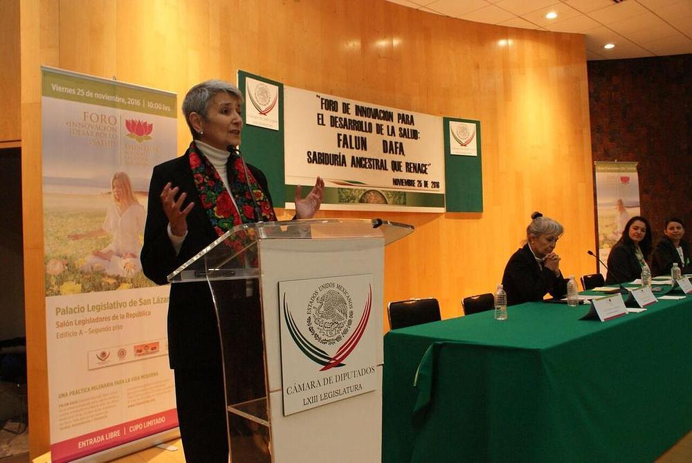 Praktikantica drži govor na konferenciji.