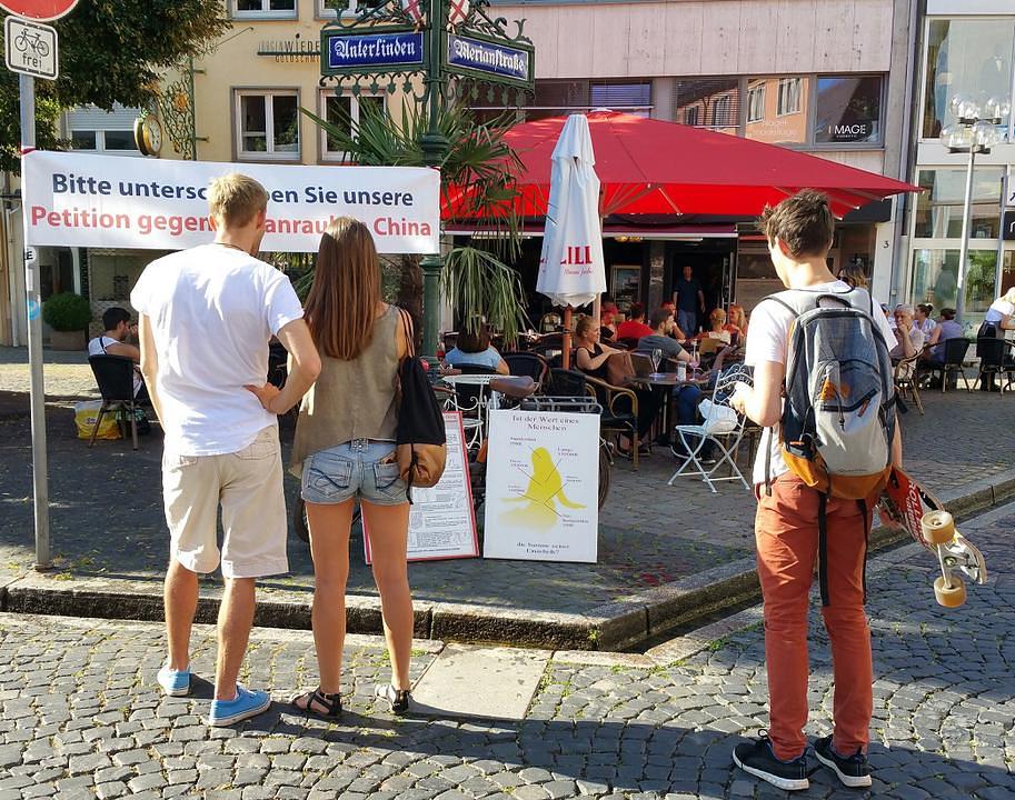 Prolaznici čitaju izložene plakate o žetvi organa koja se vrši nad zatvorenicima savjesti u organizaciji kineskog režima.