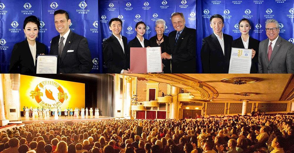 (S lijeva na desno) Član Sabora države New York Angelo Santabarbara, senator iz New Yorka John Bonacic i senator iz države New York James Tedesco su lično uručili proklamaciju ovoj kompaniji na predstavi u Albanyju/Schenectady, u New Yorku, 29. aprila 2017. 