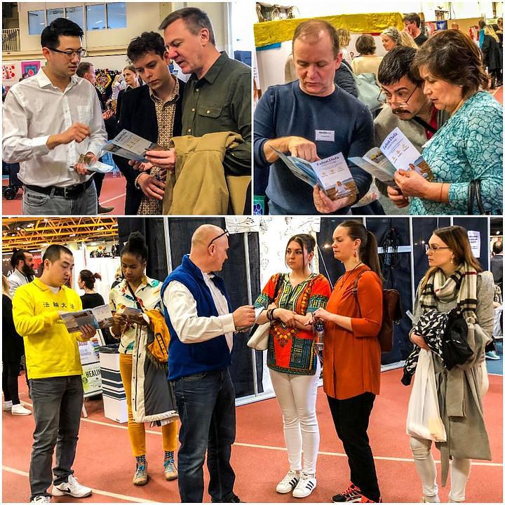 Praktikanti predstavljaju Falun Dafa prolaznicima. 