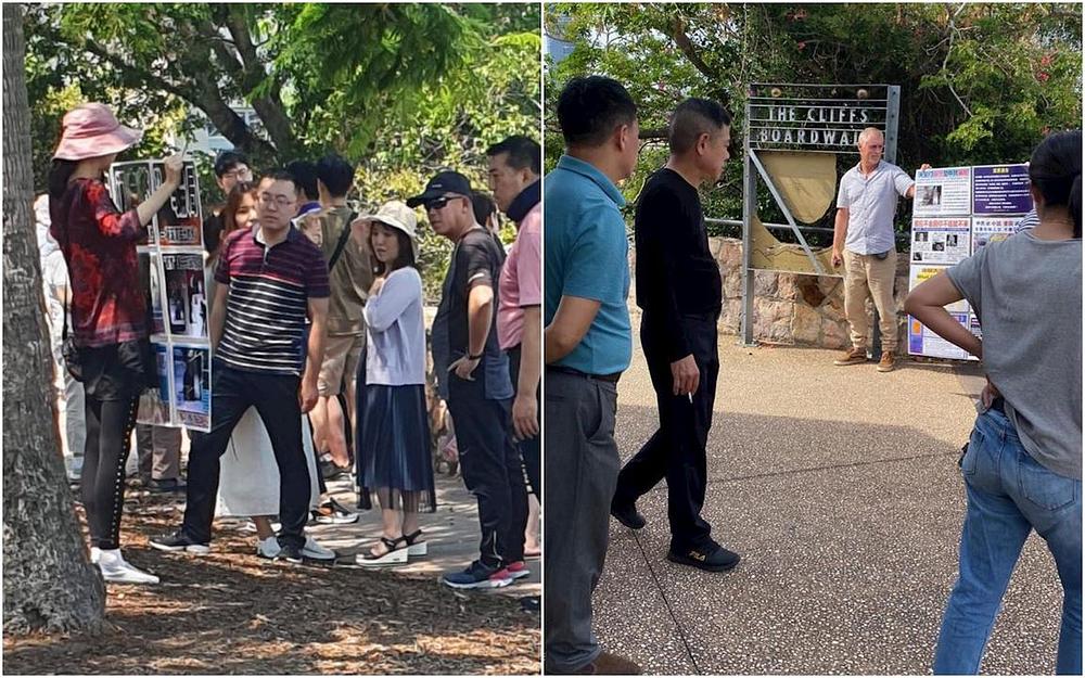 Kineski su se turisti zaustavili da čitaju plakate i transparente koji sadrže informacije koje nisu dostupne u Kini.