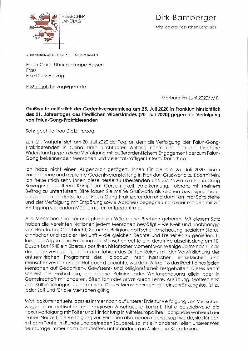 Pismo Dirka Bambergera, člana parlamenta savezne pokrajine Hesse 