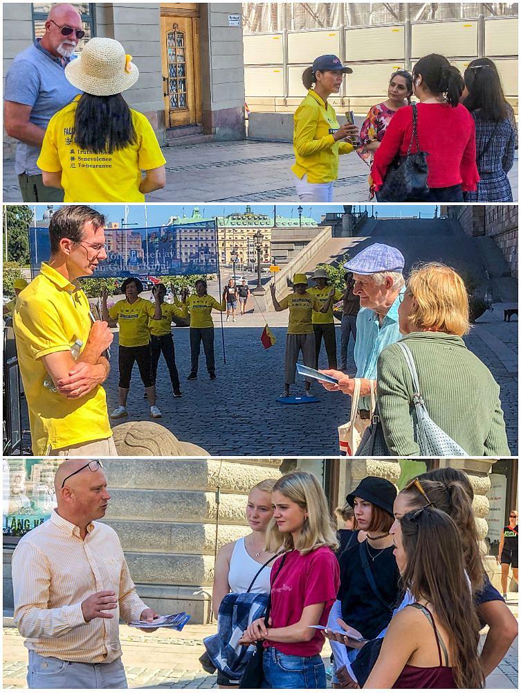 Prolaznici dobivaju informacije o Falun Gongu.