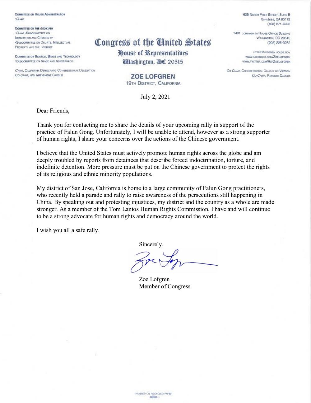  Pismo zastupnice Zoe Lofgren 