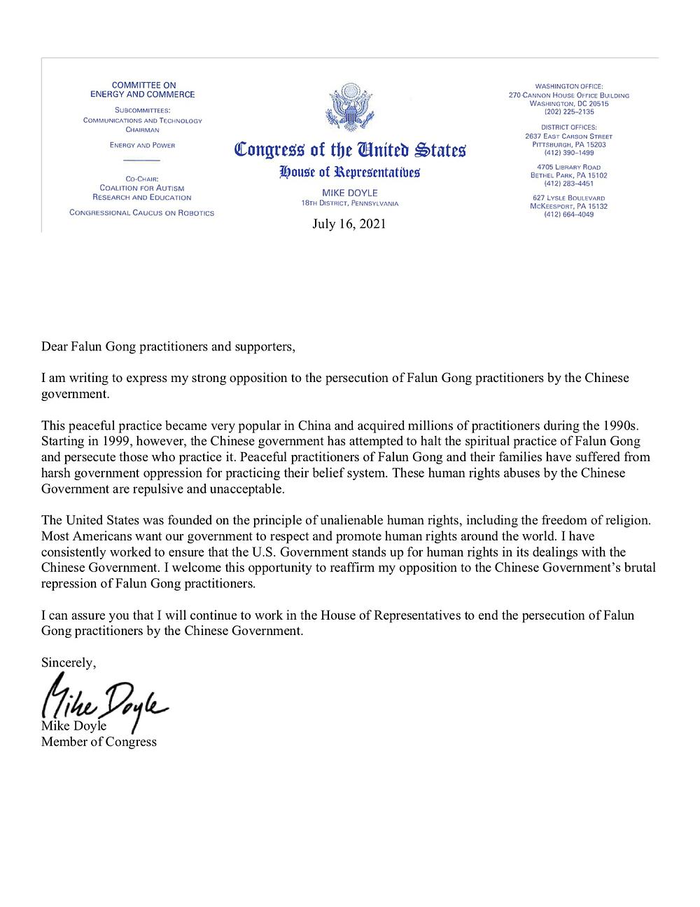  Pismo zastupnika Mikea Doylea