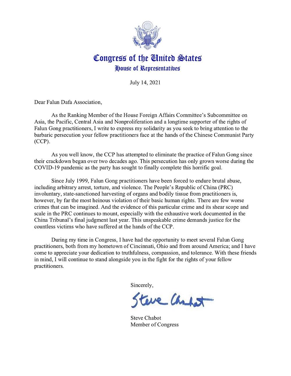 Pismo zastupnika Stevea Chabota 