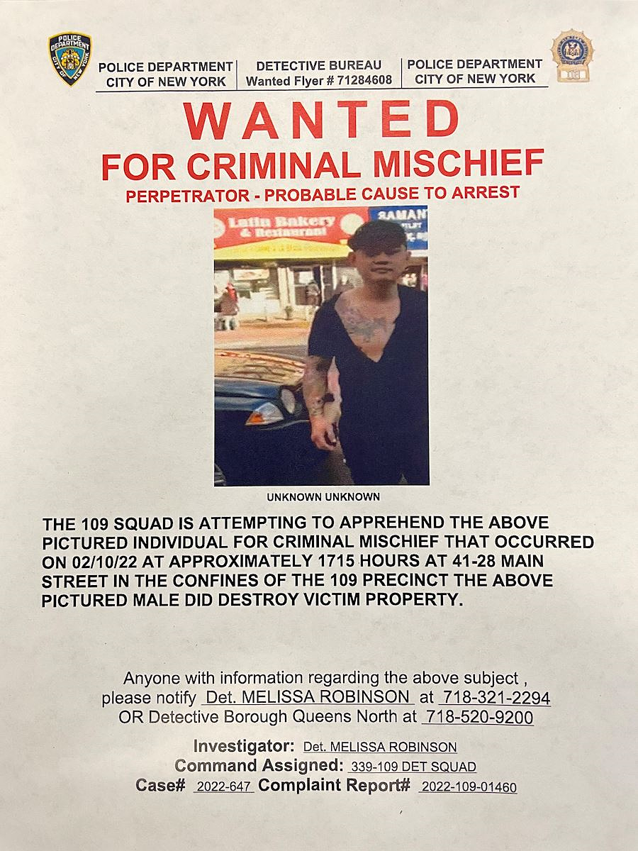 Plakat tjeralice koju je izdala NYPD za osumnjičenog Buqiua Zhenga zbog višestrukih napada na Falun Gong štandove od 10. do 15. februara. (Fotografiju obezbijedila policija)