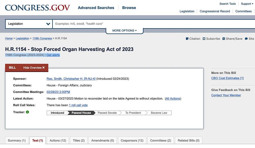 H.R.1154 - Zakon o zaustavljanju prisilnog vađenja organa iz 2023. godine usvojen je 27. marta.