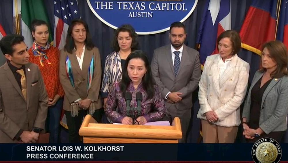 Falun Dafa praktikantica Crystal Chen govori tokom konferencije za štampu na TX SB1040. (Snimak ekrana)