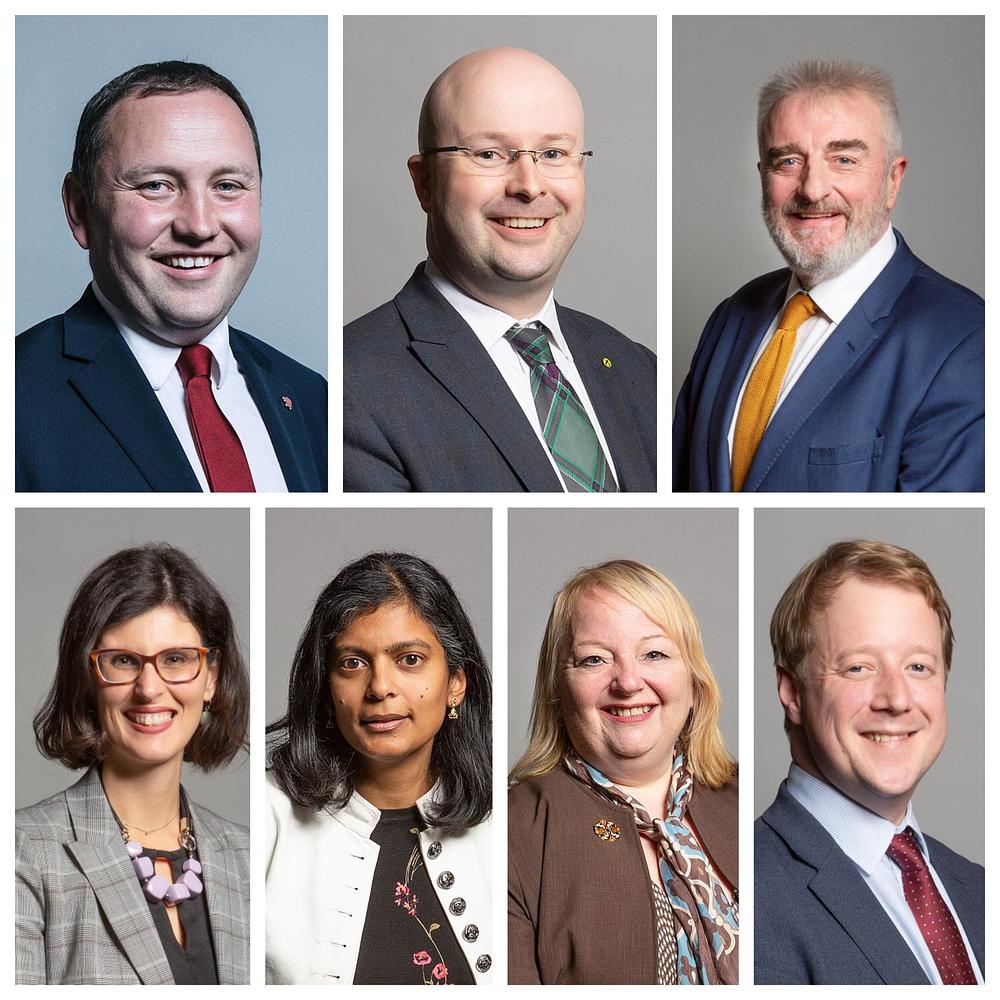 Sedam članova parlamenta su poslali pisma podrške naporima Falun Dafa praktikanata da okončaju progon. Gornji red, s lijeva na desno: poslanik Ian Murray, poslanik Patrick Grady, poslanik Tommy Sheppard. Donji red, s lijeva na desno: poslanica Layla Moran, poslanica Rupa Huq, poslanica Anne McLaughlin SNP, poslanik Paul Bristow.